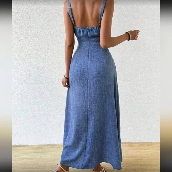 Pleated Bust Tie Strap Cami Dress Maxi Vacation Beach Outfits Women - Picture 2 of 5